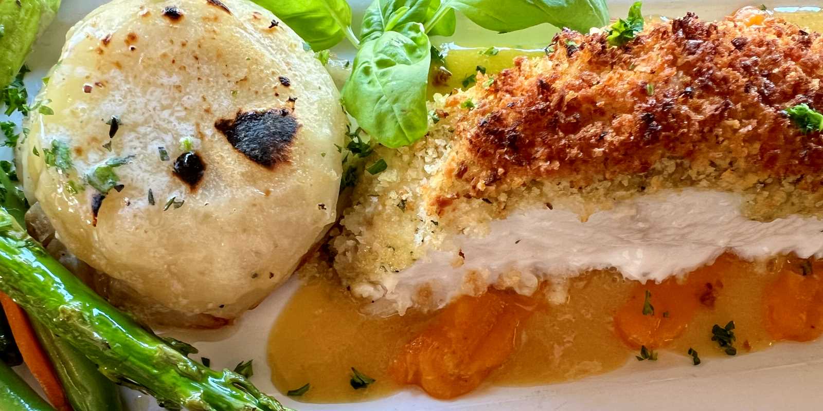 Halibut with lemon gastrique and squash purée